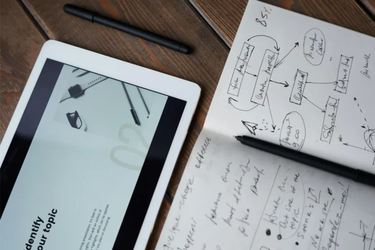 Digital Marketing Agency A tablet displaying a Sales Funnel Optimization strategy sits next to a notebook with handwritten notes and diagrams, along with a pen and a pencil on a wooden surface. Paradox Media